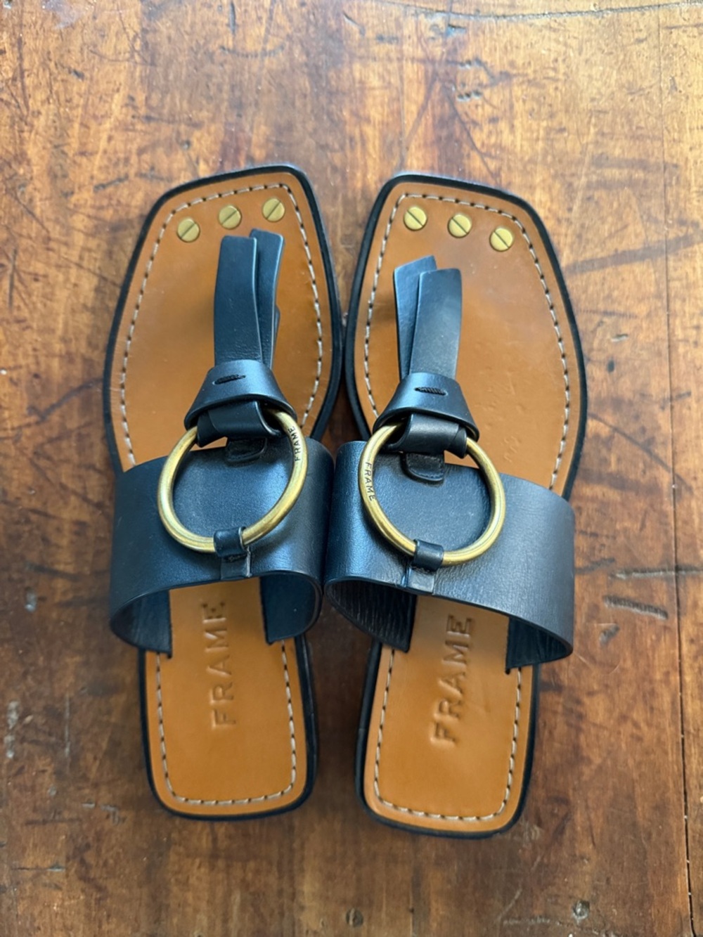 Frame Black Leather Slide Sandals with Gold Ring Detail Size 35 1/2